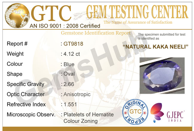Natural Kaka Neeli Stone 4.12 ct